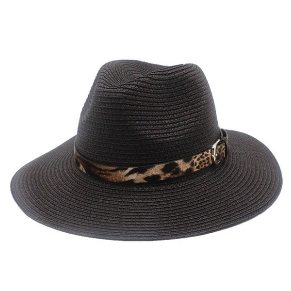 Black Straw Panama Fedora Sun Hat Wide Brim-with leopard print ribbon
