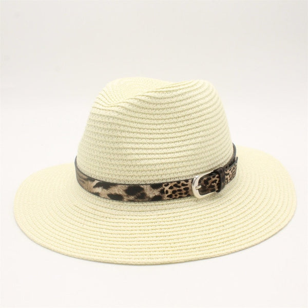 White Straw Panama Fedora Sun Hat Wide Brim-with leopard print ribbon