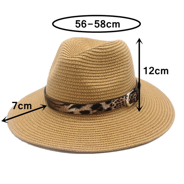 Unisex Straw Panama Fedora Sun Hat Wide Brim-with leopard print ribbon-assorted colors available