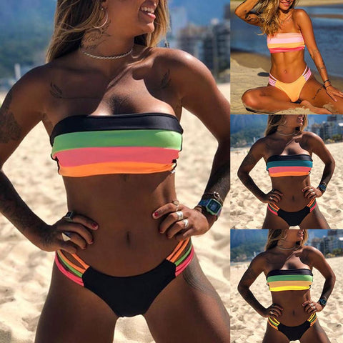 Tube Top Stripes  Bikini Swimsuit Set-Padded Wireless Strapless