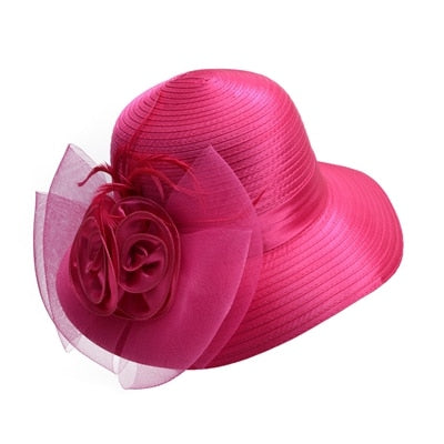 Pink Satin Ribbon Feathers Floral Wide Brim Hats Floppy- Kentucky Derby-Church-Tea Party