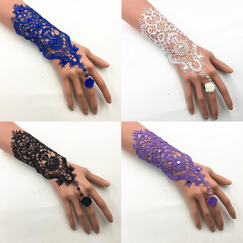 Lace Pearl Rhinestones Bridal Gloves Bracelet Wedding Glove White Black Pink Bride Party Prom Jewelry Ring Wristband Glove