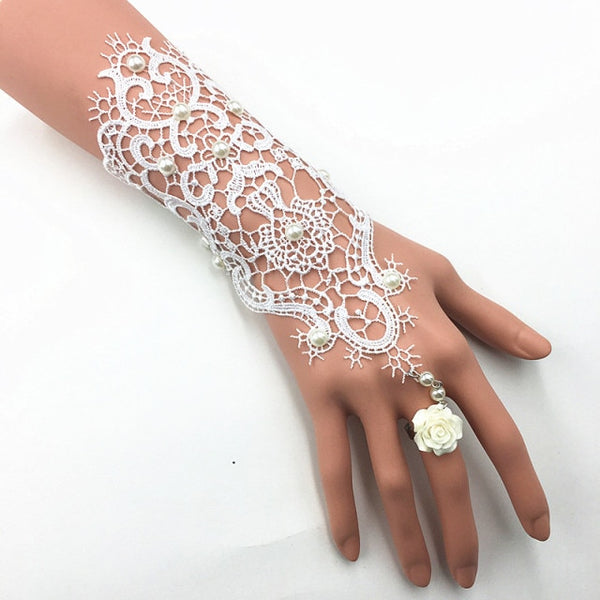 Lace Pearl Rhinestones Bridal Gloves Bracelet Wedding Glove White Black Pink Bride Party Prom Jewelry Ring Wristband Glove