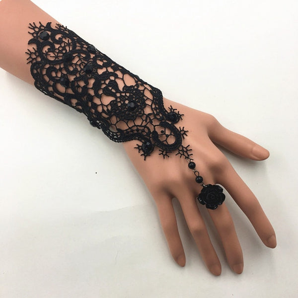 Lace Pearl Rhinestones Bridal Gloves Bracelet Wedding Glove White Black Pink Bride Party Prom Jewelry Ring Wristband Glove