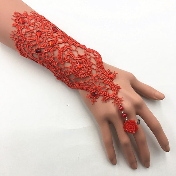 Lace Pearl Rhinestones Bridal Gloves Bracelet Wedding Glove White Black Pink Bride Party Prom Jewelry Ring Wristband Glove