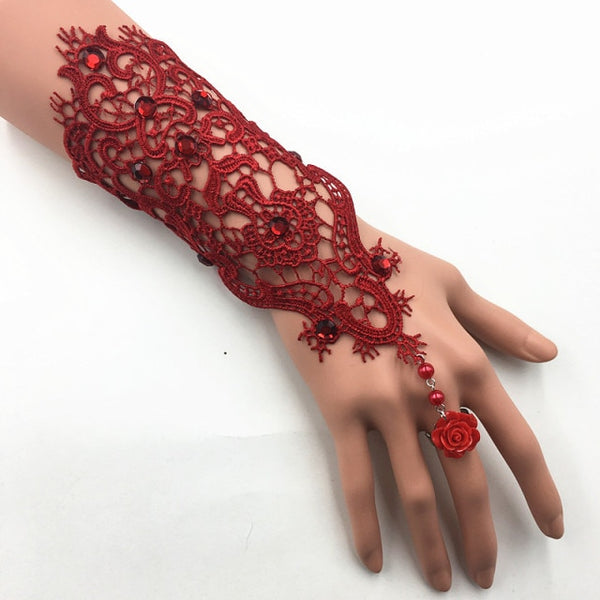 Lace Pearl Rhinestones Bridal Gloves Bracelet Wedding Glove White Black Pink Bride Party Prom Jewelry Ring Wristband Glove