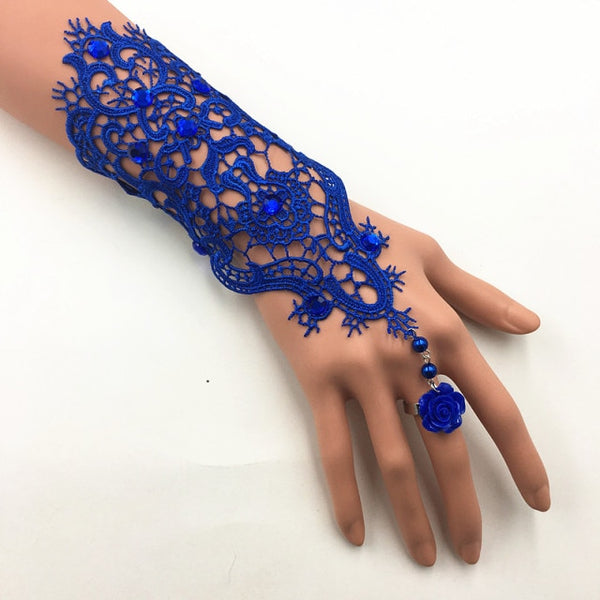 Lace Pearl Rhinestones Bridal Gloves Bracelet Wedding Glove White Black Pink Bride Party Prom Jewelry Ring Wristband Glove
