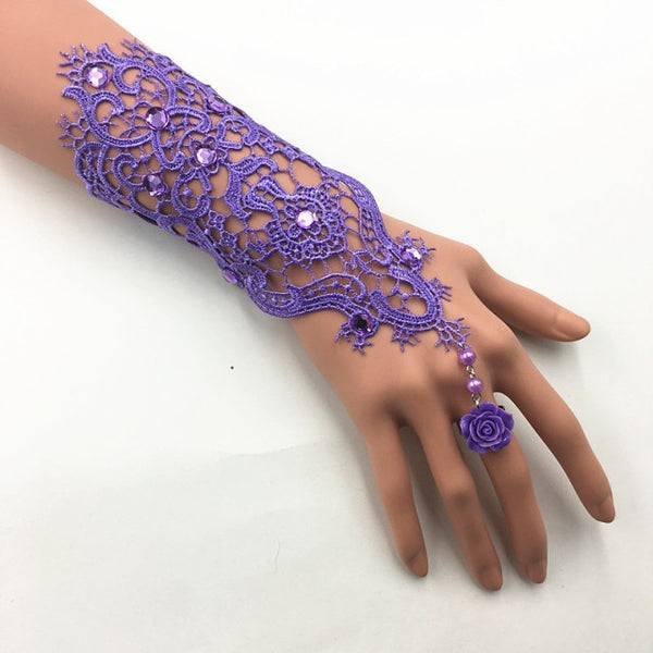 Lace Pearl Rhinestones Bridal Gloves Bracelet Wedding Glove White Black Pink Bride Party Prom Jewelry Ring Wristband Glove