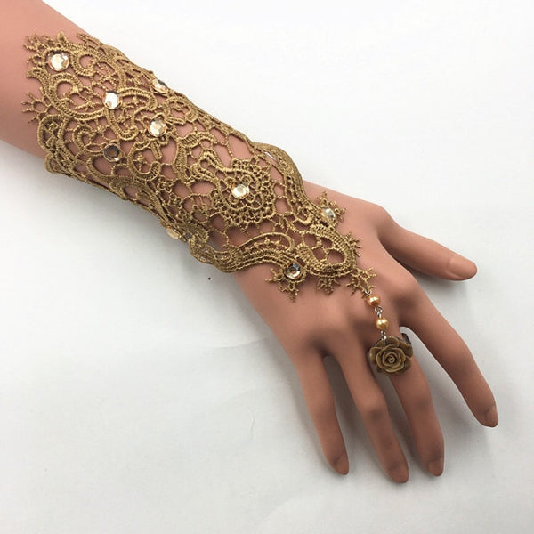 Lace Pearl Rhinestones Bridal Gloves Bracelet Wedding Glove White Black Pink Bride Party Prom Jewelry Ring Wristband Glove