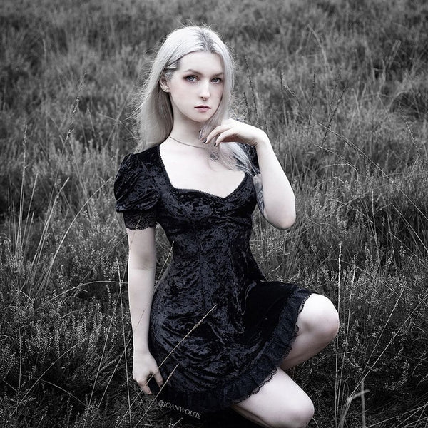 Vintage Lace Black Dress Goth Sexy High Waist Mini Dress
