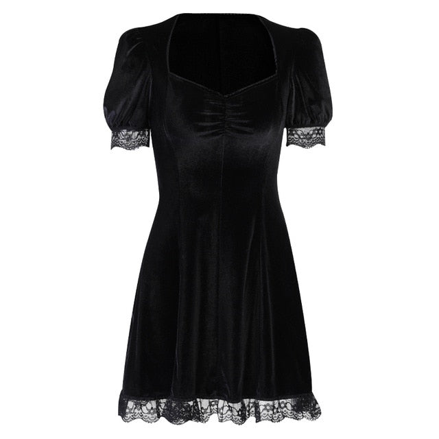 Vintage Lace Black Dress Goth Sexy High Waist Mini Dress