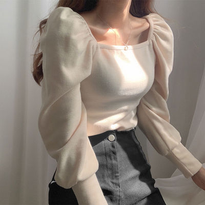 Chic Square Collar Slim Fit Pleated Puff Sleeve Knit Top