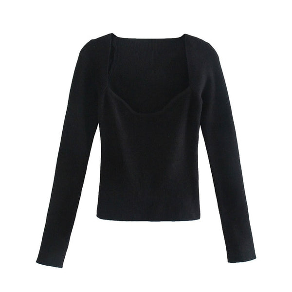 black Knit Sweater Pullover Top Long sleeve heart-neck