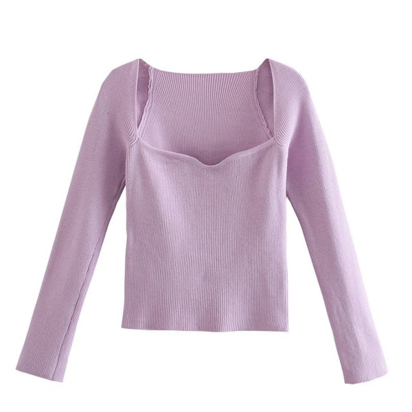 lilac Knit Sweater Pullover Top Long sleeve heart-neck