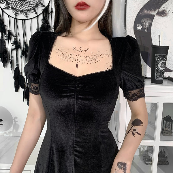 Vintage Lace Black Dress Goth Sexy High Waist Mini Dress