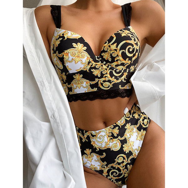 Baroque Print Bikini Set High Waist Swimwear Women Swimsuit-two prints available