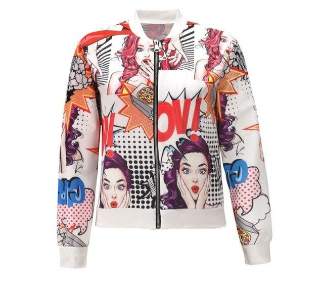 Comicon Graphics Women Long Sleeve O Neck Zipper Jacket