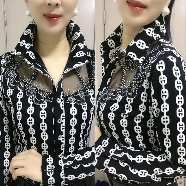 Long-sleeved styled Lace Stitching Ladies chiffon collar blouse with floral details