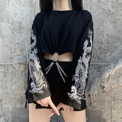 Streetwear Dragon Print Crop Top Women