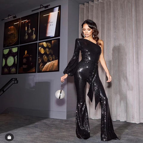 sequin Jumpsuit Black Belt One Shoulder Celebrity Runway Bodysuit