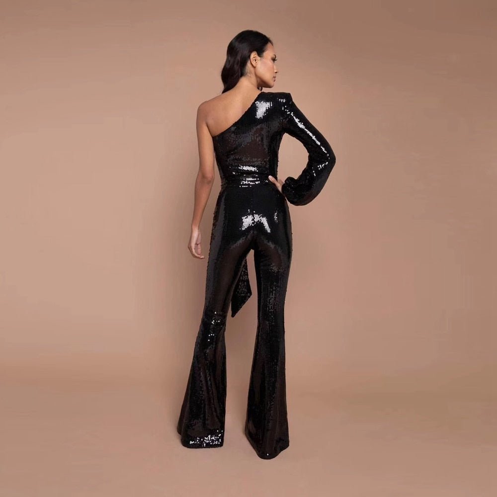 Sequin Jumpsuit Black Belt One Shoulder Celebrity Runway Bodysuit