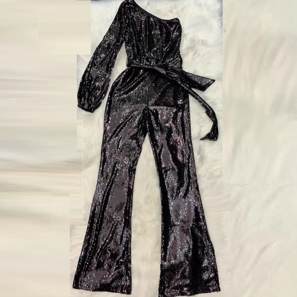 Sequin Jumpsuit Black Belt One Shoulder Celebrity Runway Bodysuit