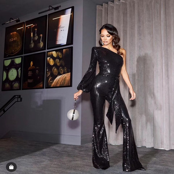 Sequin Jumpsuit Black Belt One Shoulder Celebrity Runway Bodysuit