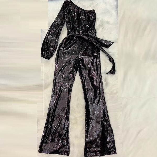 Sequin Jumpsuit Black Belt One Shoulder Celebrity Runway Bodysuit