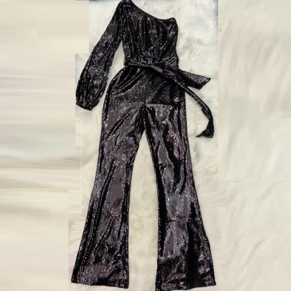 Sequin Jumpsuit Black Belt One Shoulder Celebrity Runway Bodysuit