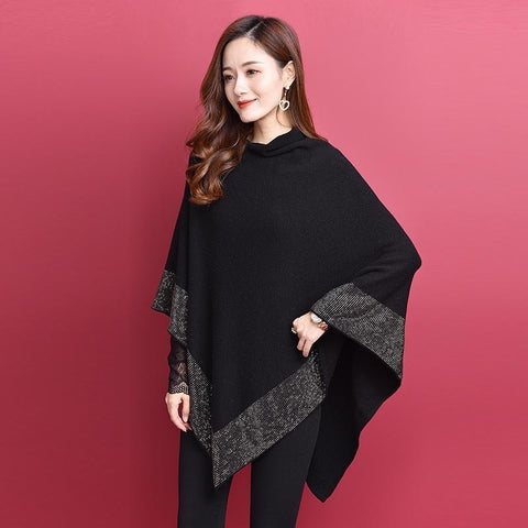 Knitted Vintage Coat Black Sweater Shawl Women Poncho