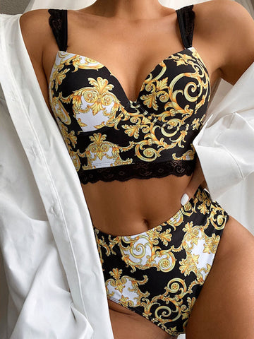 Baroque Print Bikini Set High Waist Swimwear Women Swimsuit-two prints available