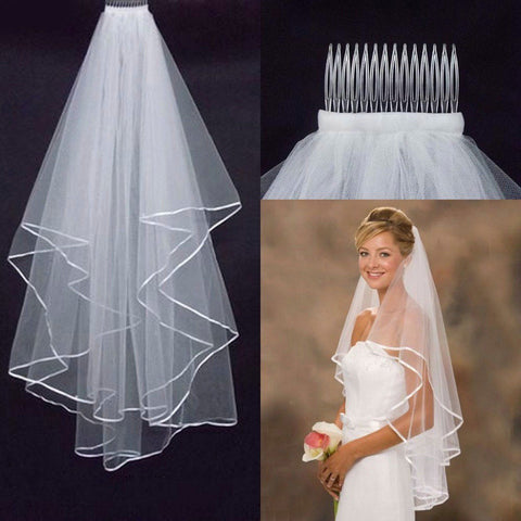 Wedding Tulle White or Ivory Two Layers Bridal Veils Ribbon Edge 75cm Short Women Veil With Comb