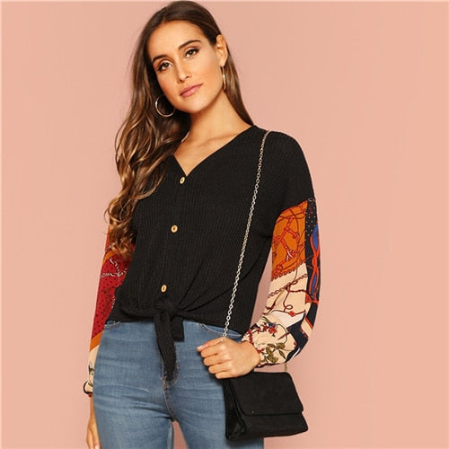 Tee Knotted Dropped Shoulder Rib Knitted Long Sleeve