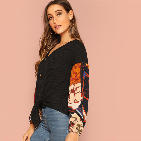 Tee Knotted Dropped Shoulder Rib Knitted Long Sleeve