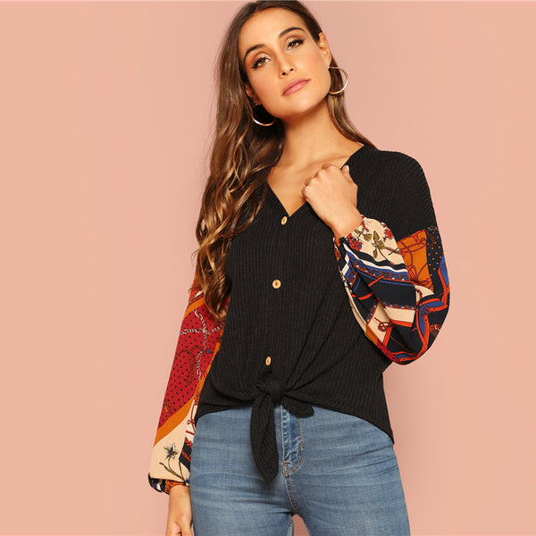 Black  Media Button Up Knotted Tee Dropped Shoulder Rib Knitted Long Sleeve