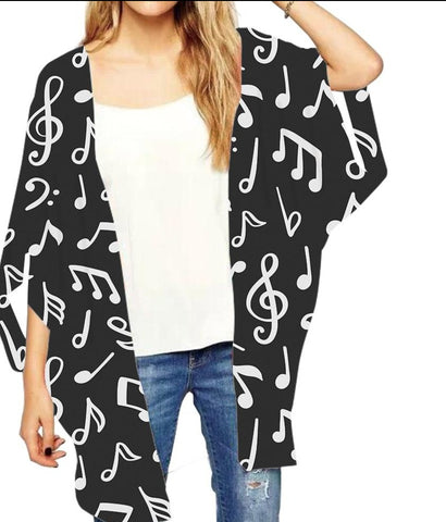 Music Notes Print Loose Kimono Women Black Ladies Cardigan Streetwear-Many other Prints