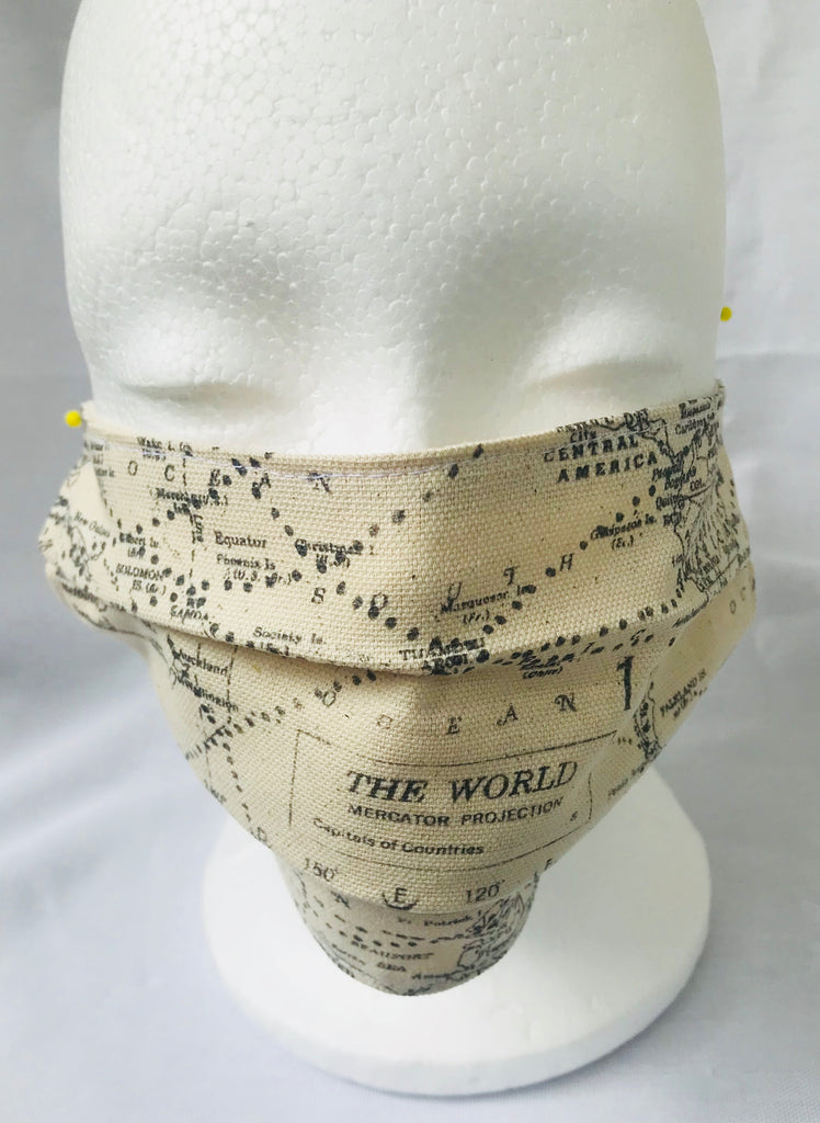 World Map geography pleated face mask with elastic ear loops
