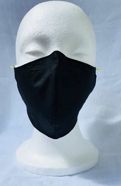 Solid Black Adult Fitted Face Mask with nose adjustable wire and elastic ear loops