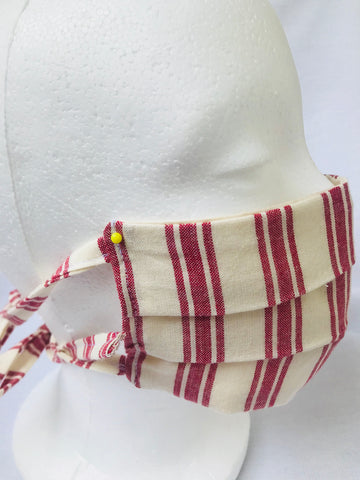 “Key Largo” red stripe pleated face mask with tie back cords