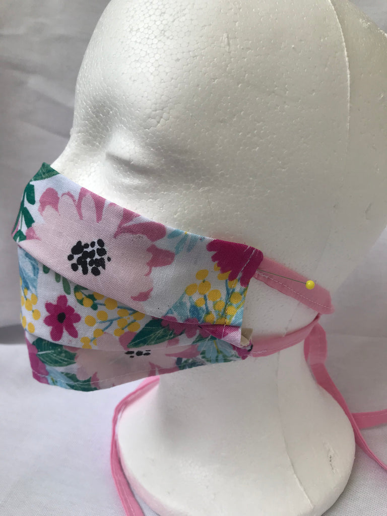 “Garden” Pink floral Pleated Face Mask with Tie Backs