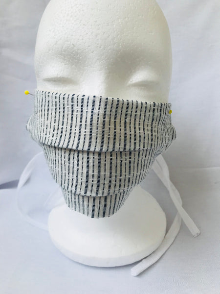 Pleated”Acapulco” Blue vertical stripes face mask with tie backs