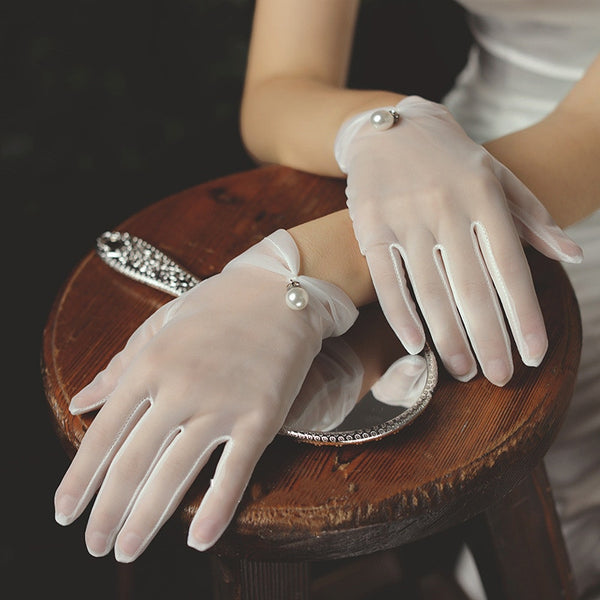 Chiffon Wedding Gloves White Short Bow Pearl Finger Women Bridal Gloves Wedding Party Accessories