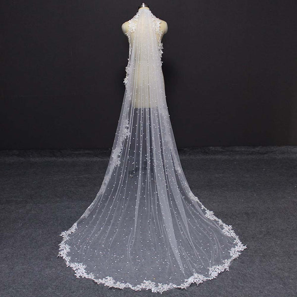 Bridal Wedding Pearl Veil with Lace Appliques Edge 2.5 Meters Long Bridal Veil with Comb