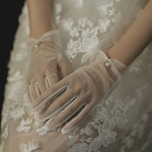 Chiffon Wedding Gloves White Short Bow Pearl Finger Women Bridal Gloves Wedding Party Accessories