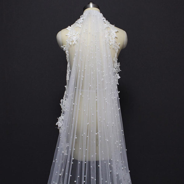 Bridal Wedding Pearl Veil with Lace Appliques Edge 2.5 Meters Long Bridal Veil with Comb