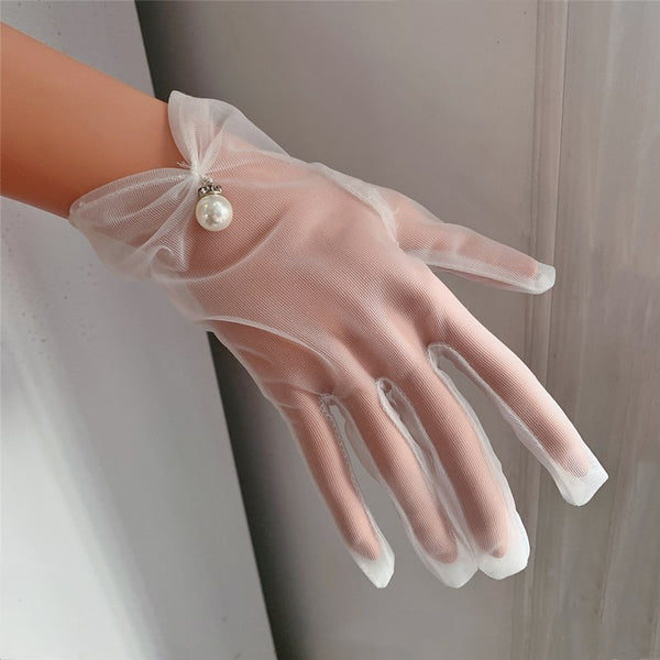 Chiffon Wedding Gloves White Short Bow Pearl Finger Women Bridal Gloves Wedding Party Accessories