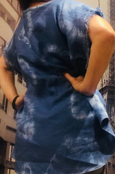 Women Tunic Hi Low Hem Line Linen Blue Tie Dye Original Design Short Fringe Sleeve Shirt Top