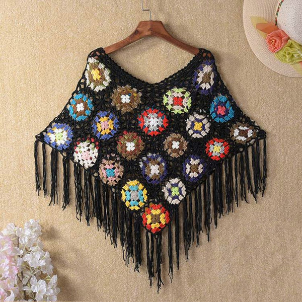 Tassel Shawl Poncho  Crochet Flower Women