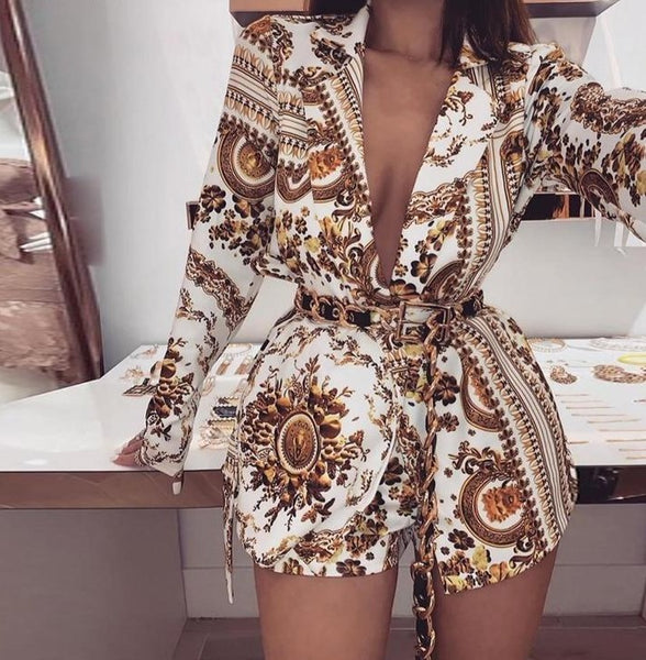 Plunge Colorful Print Long Sleeve Top & Shorts Set