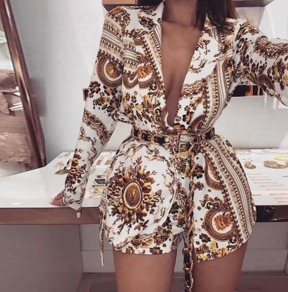 Plunge Colorful Print Long Sleeve Top & Shorts Set